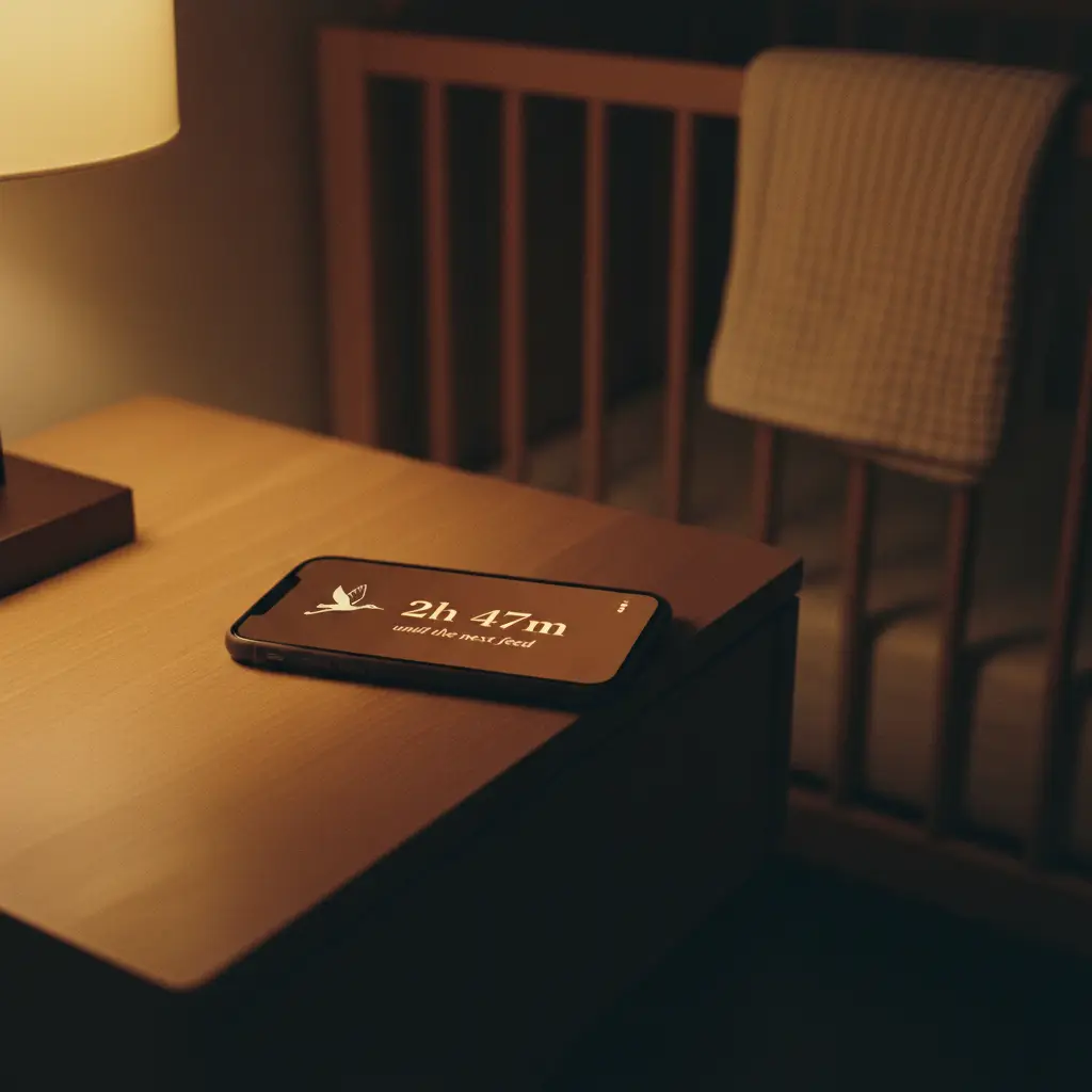 A phone resting on a nightstand in a dark nursery