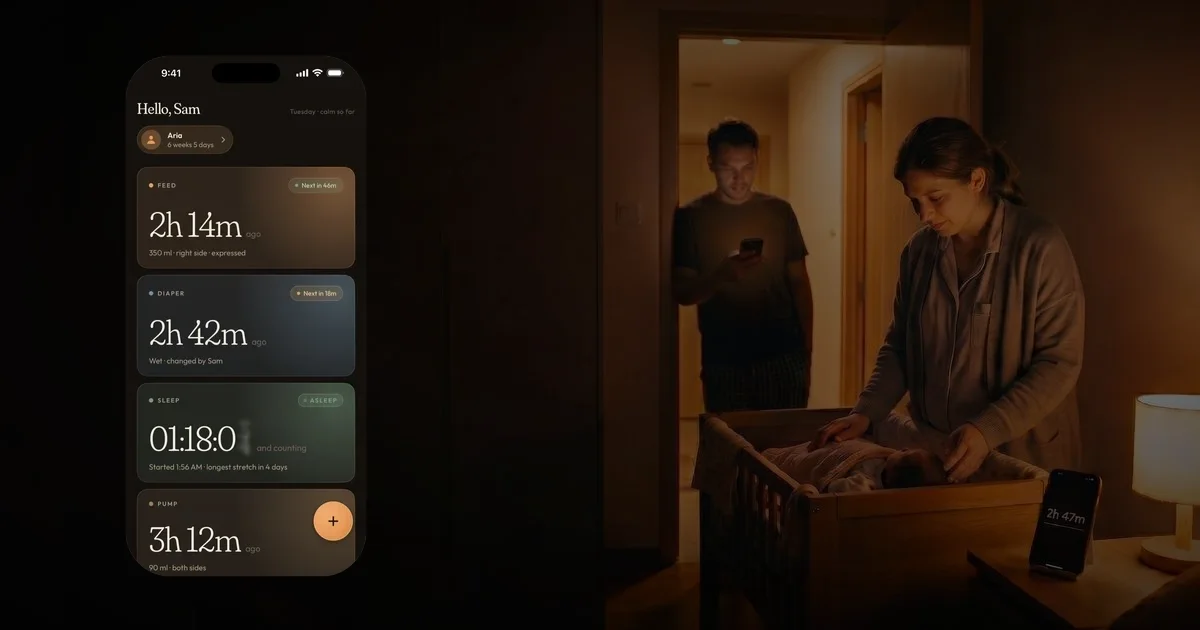 One Baby home rhythm screen overlay beside parents settling a baby in a dim nursery