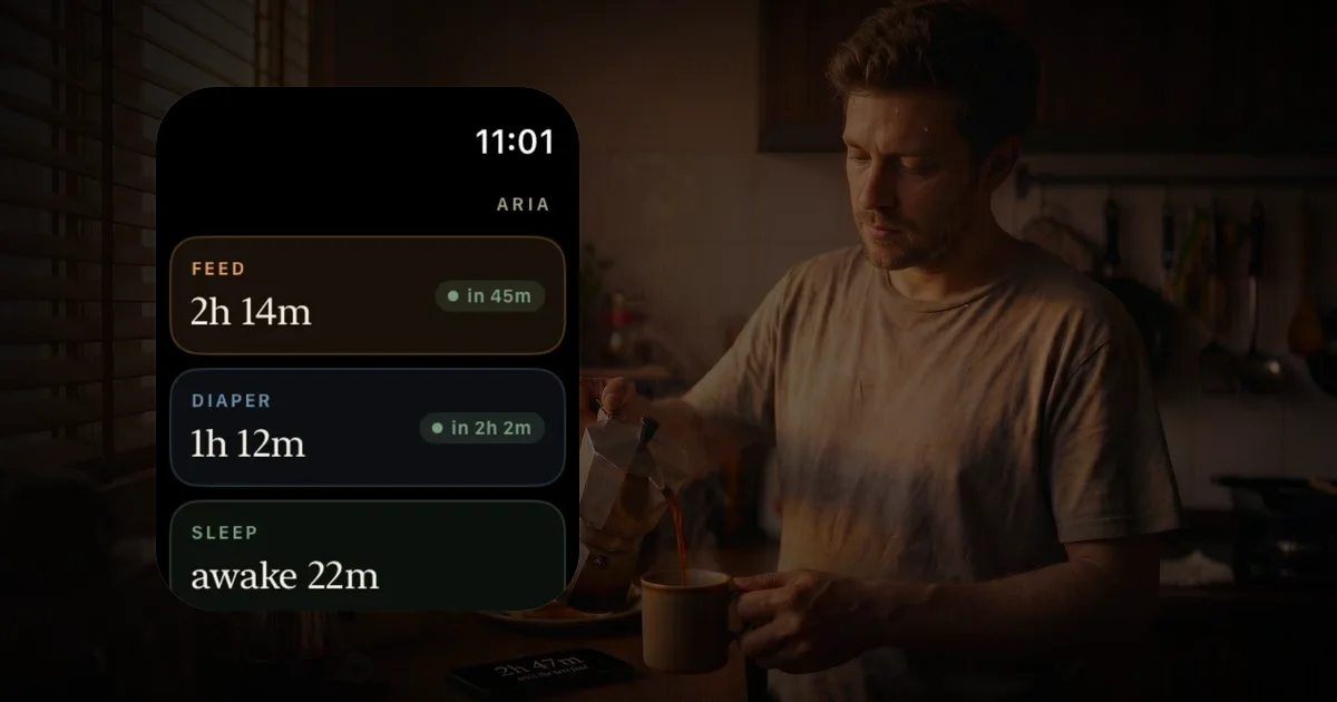 One Baby Apple Watch countdown overlay beside a tired parent making coffee at dawn