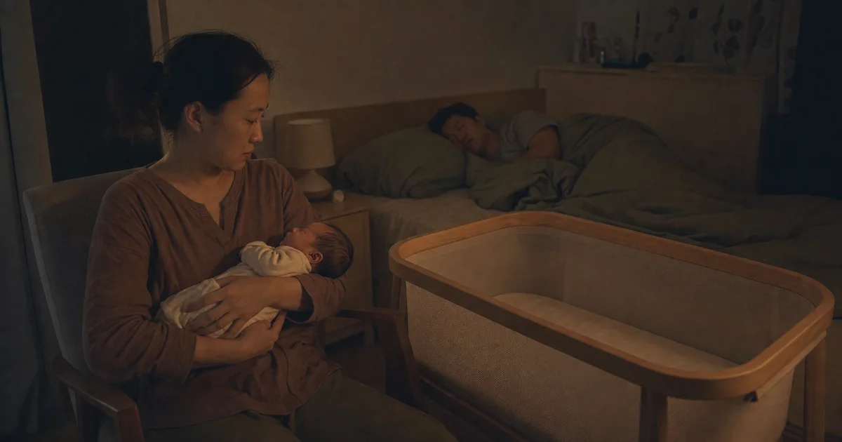 One caregiver holding a newborn beside an empty bassinet while their partner sleeps