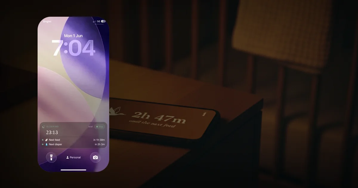 One Baby sleep lock-screen overlay beside a phone countdown on a nursery nightstand
